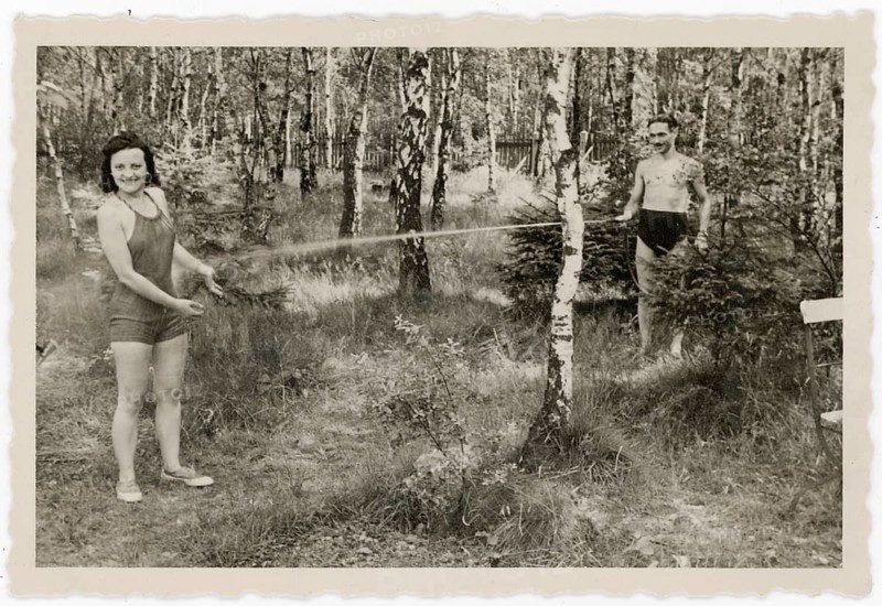 Swimwear, bathing, woman, man, water hose, summer, humor, around 1930