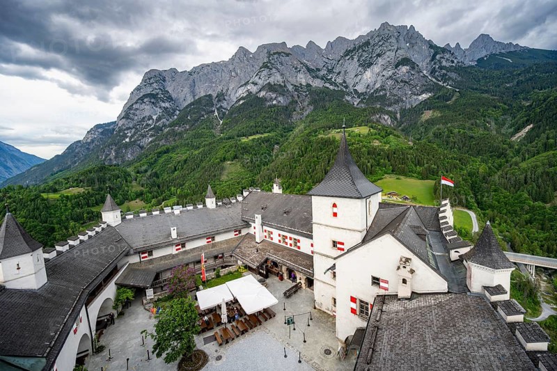 Castle with courtyard, mountain peaks of the Tennengebirge Mountains at the back, Hohenwerfen Fortress, Pongau, Salzburg state, Austria