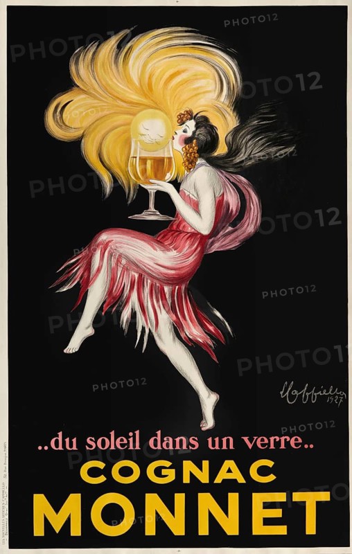 Advertising poster, beverage advertisement, mural of the famous Cognac Monnet advertising poster by Leonetto Cappiello from 1927. The motif depicts a woman in a red dress holding a glass of cognac with a sun-like symbol, against a black background, authentic reproduction of a historical advertising poster, advertising sign, in high resolution