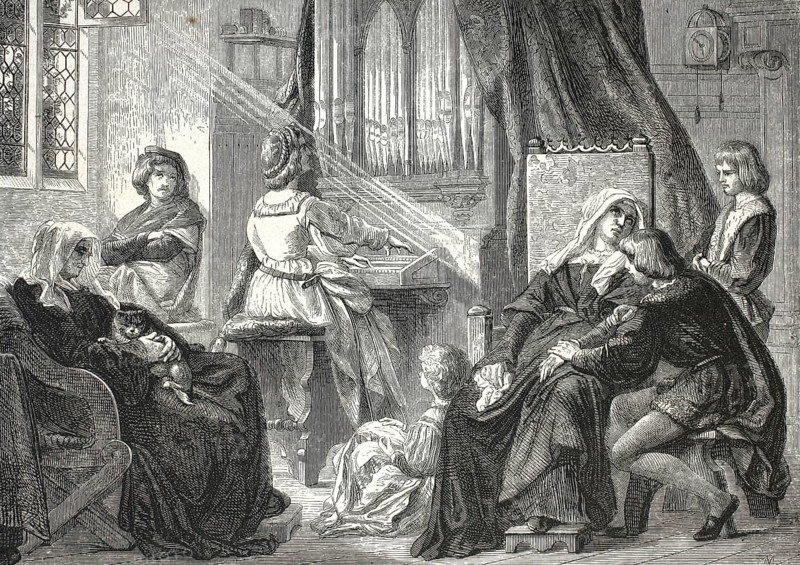 A woman sits with her back to the observer at the keys of an elaborate pipe organ. A visible ray of light falls directly on her and the instrument from a window at the top left, giving the scene an almost sacred atmosphere. Right in the foreground is a visibly moved or exhausted elderly woman in deep sorrow or devotion, who is comforted by a younger man, 1860, France, authentic, high-resolution reproduction of a 19th-century model, exact date of depiction unknown, historical