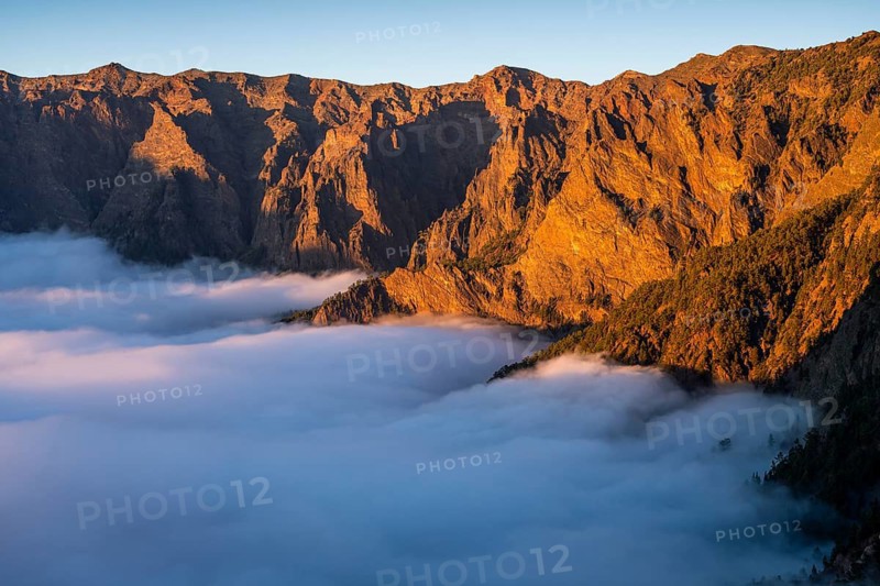 View of the sea of fog in the Caldera de Taburiente at sunset. La Palma, Canary Islands, Spain