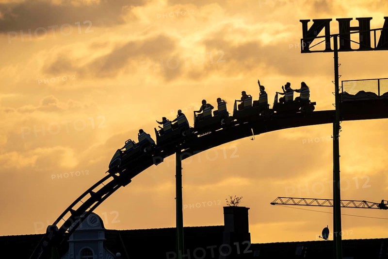 Rollercoaster, Alpina Bahn, at the Rheinkirmes in the Rheinwiesen in Düsseldorf-Oberkassel, North Rhine-Westphalia, Germany