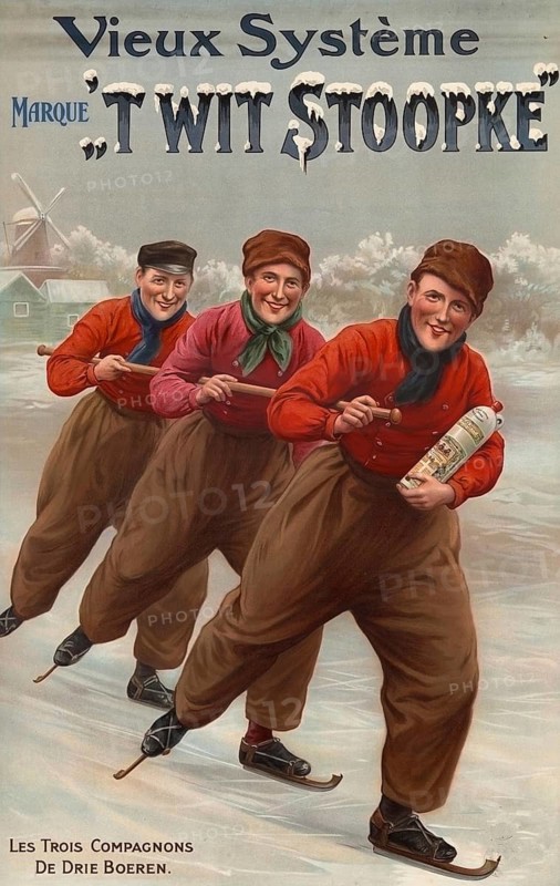 Advertising poster, beverage advertisement, advertising poster from around 1908 promotes Vieux Système Marque't Wit Stoopke. The picture shows three men in traditional Dutch clothing skating on the ice. It is a Belgian advertising poster for genever or liqueur, authentic reproduction of a historical advertising poster, advertising sign, in high resolution, historical