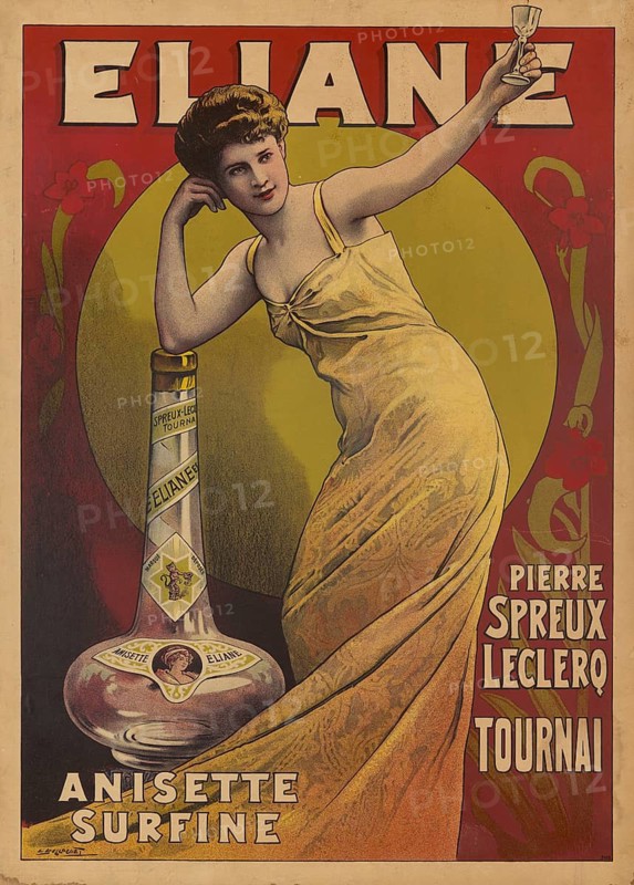 Advertising poster, beverage advertisement, advertising poster for Anisette Surfine anise liqueur by Eliane, designed by Léon Belloguet around 1901. A woman in a yellow dress hugs an oversized liquor bottle and elegantly raises a small glass, authentic reproduction of a historical advertising poster, advertising sign, in high resolution, historical
