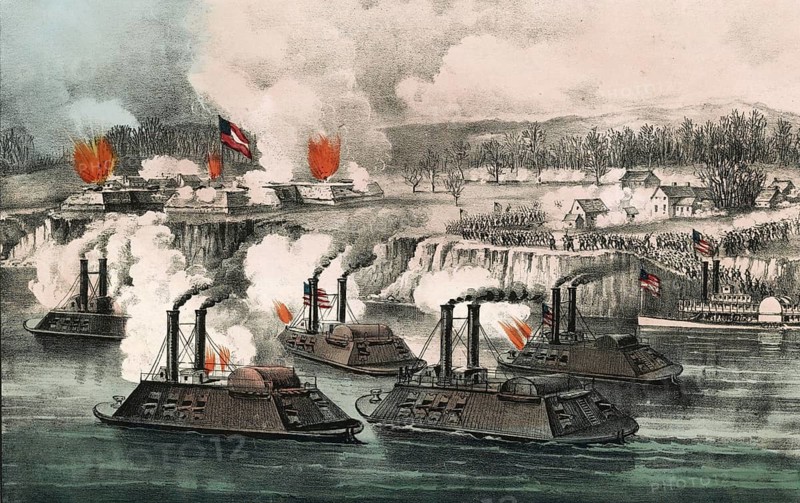 Siege and capture of Fort Hindman, Arkansas Post, during the American Civil War on January 11, 1863. Depicted is the combined attack of Union gunboats under Rear Admiral David Dixon Porter and land troops under Major General John A. McClernand. In the foreground are heavily armored US river gunboats shelling at the Confederate fort on the shore, authentic, digitally restored high-resolution reproduction of a 19th-century original, exact date of depiction unknown, American history, historical