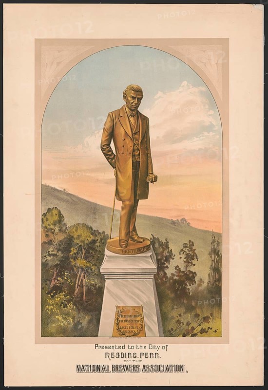 Advertising poster, beverage advertisement, poster depicting a memorial to Frederick Lauer, the first lager brewer in America. The monument was presented to the city of Reading, Pennsylvania by the National Brewers Association, authentic reproduction of a historic advertising poster, advertising sign, in high resolution, historic