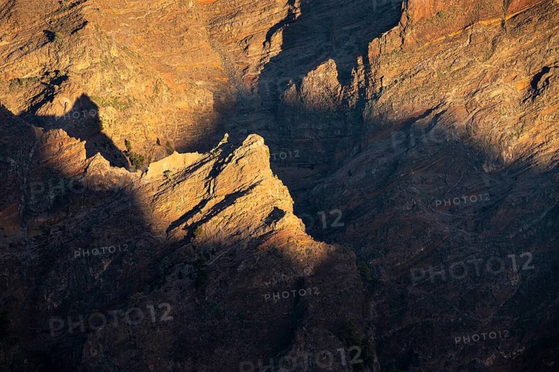Rock walls in the Caldera de Taburiente. View from Roque de los Muchachos. evening light. La Palma, Canary Islands, Spain