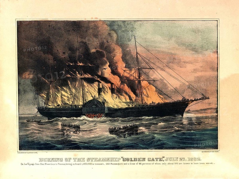 On July 27, 1862, the paddle steamer SS Golden Gate caught fire off Manzanillo Mexico while traveling from San Francisco to Panama. On board were 242 passengers, 95 crew members and a valuable cargo of around 1.4 million US dollars in gold, it is estimated that only about 100 people survived the disaster, authentic, digitally restored reproduction in high resolution from a 19th-century original, exact date of presentation unknown, American history, historical
