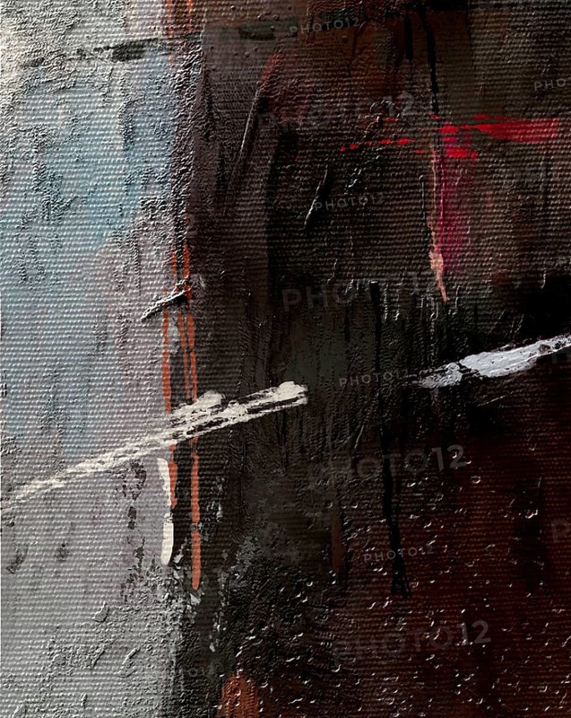 Professional abstract oil painting fragment featuring deep earthy brown tones, striking white strokes, and vibrant pink accents with heavy impasto texture on canvas