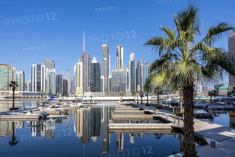 Downtown Dubai skyscrapers with Burj Khalifa skyline on the Marasi Bay Business Bay Canal in Dubai, United Arab Emirates