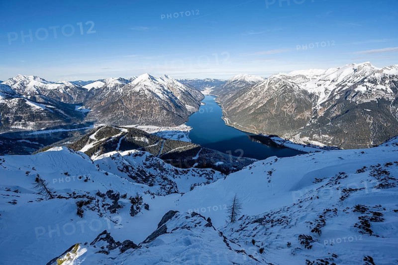 Scenic view of Lake Achensee and winter mountain scenery, Bärenkopf, Achensee, Tyrol, Austria