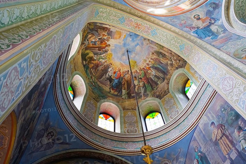 Ceiling of a dome in an Orthodox church with frescoes and stained glass windows, Capriana monastery, Capriana, Stra?eni district, Straseni, Republic of Moldova, Moldova