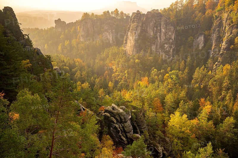 Autumn in the Elbe Sandstone Mountains in the Saxon Switzerland National Park, Lohmen, Saxony, Germany