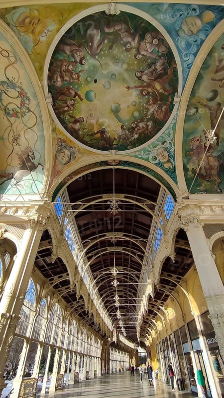 Artistically decorated ceiling with fresco and elegant arched structures, Maxim Gorky Collonade, Marianske Lazne Main Collonade, Marienbad, Czech Republic