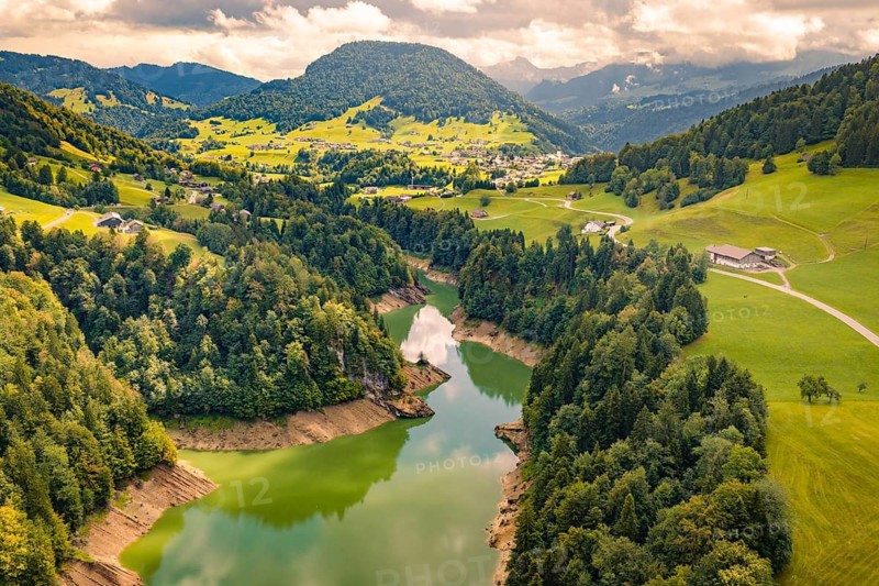 Panoramic view of a river in the valley with mountains in the background, Krumbach, Vorarlberg, Austria