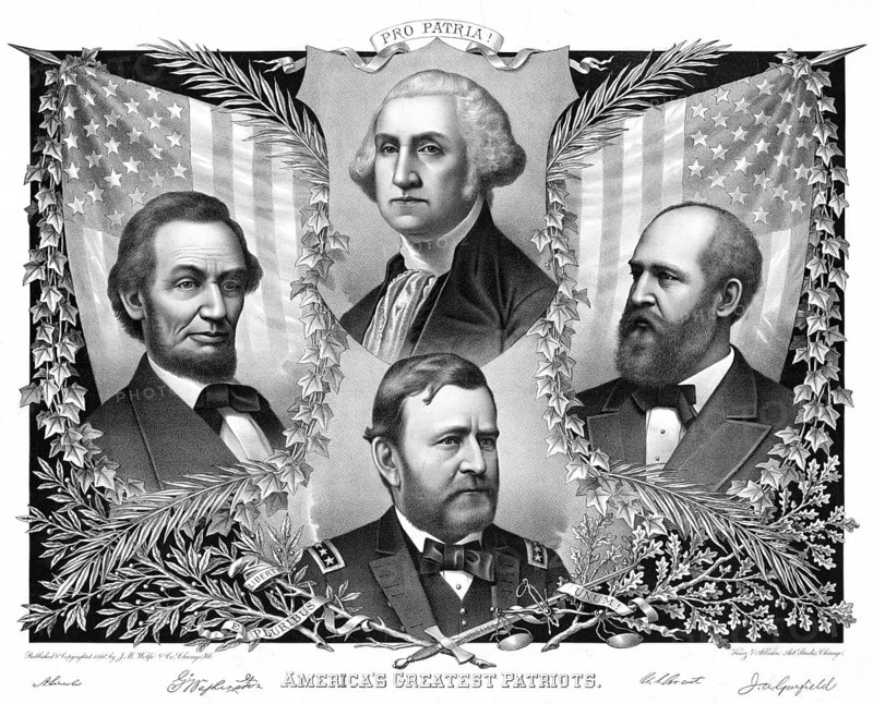 *America's Greatest Patriots* from around 1890, published by the Chicago art and advertising agency Kurz & Allison. Pictured are the four US presidents and historical leaders: George Washington (top), Abraham Lincoln (left), Ulysses S. Grant (bottom) and James A. Garfield (right), American history, authentic, digitally restored reproduction of a 19th-century original, exact date of the illustration unknown, historical