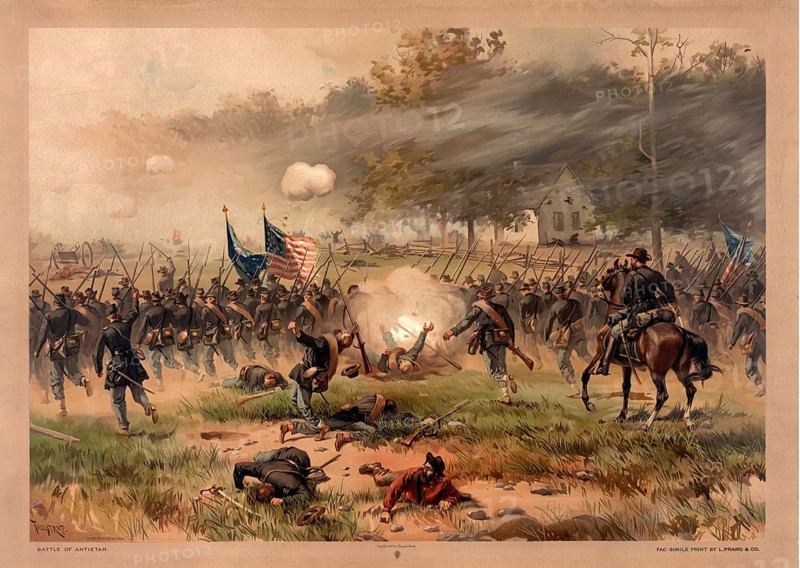 Color lithograph by Thure de Thulstrup from 1887 depicts the advance of Union infantry near Dunker Church during the Battle of Antietam on September 17, 1862. The Battle of Antietam, Battle of Sharpsburg, was the bloodiest one-day battle of the American Civil War, American history, authentic, digitally restored reproduction of a 19th-century original, exact date of depiction unknown, historical