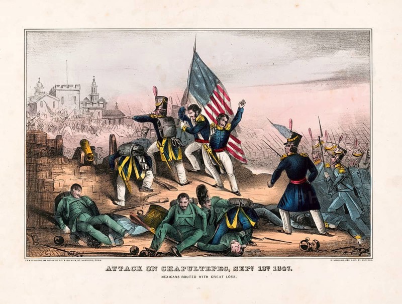 Lithograph depicts the storming of Chapultepec Castle on September 13, 1847 during the Mexican-American War. The decisive victory of the US armed forces under General Winfield Scott in taking the fortification hill off Mexico City is shown. The US troupe flies the flag of the United States in the midst of wounded and beaten Mexican soldiers, American history, authentic, digitally restored reproduction from a 19th century model, exact date of depiction unknown, historical