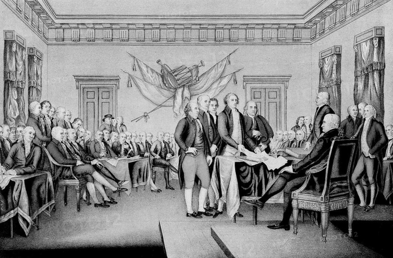 Lithograph titled The Declaration of Independence, July 4th, 1776, depicting the Second Continental Congress presenting the draft American Declaration of Independence in Philadelphia. The 5-member committee, including Thomas Jefferson and Benjamin Franklin, hands over the text to Congress President John Hancock, American history, authentic, digitally restored reproduction in high resolution from a 19th-century original, exact date of presentation unknown, historical