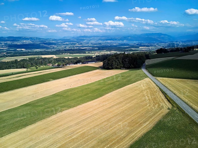 View of the Reuss Valley in the foreground harvested cornfields, Schlatt, Canton of Aargau, Switzerland