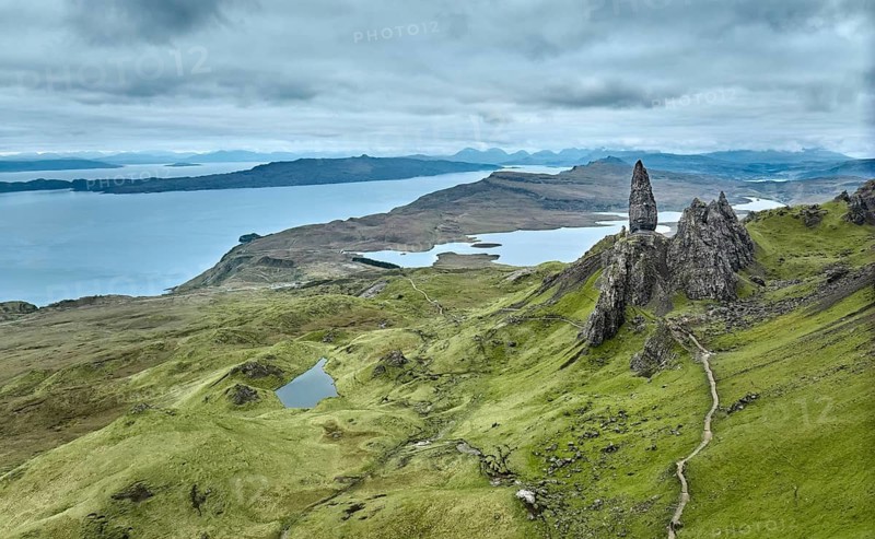Aerial photo of the wild and rocky landscape at the Old man of Storr on the Isle of Skye, Scotland, UK