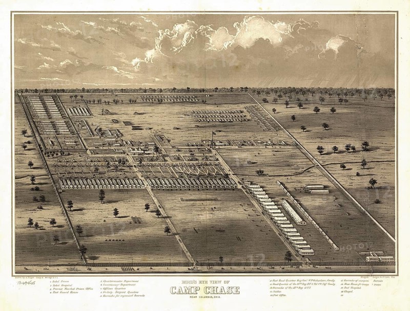 A bird's-eye view of Camp Chase near Columbus, Ohio, from the 1860s. During the American Civil War (1861–1865), the camp initially served as a training centre for recruits and Union troops, and later as a large prisoner-of-war camp for Confederate soldiers, an authentic, high-resolution, digitally restored reproduction of a 19th-century original, exact date of the depiction unknown, American history, historical