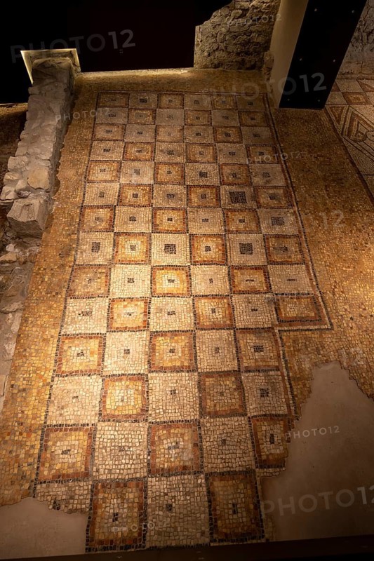 Floor mosaic with geometric pattern, Domus and Palazzo Episcopale, Ancient Roman House and episcopal palace, UNESCO World Heritage Site, Aquileia, Friuli, Italy