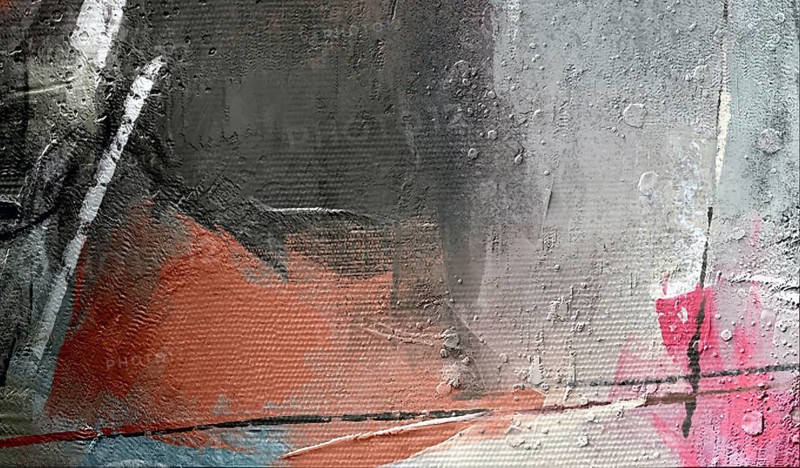 A professional abstract painting fragment featuring heavy textures, neutral grey tones, and vibrant splashes of orange and pink on a canvas surface