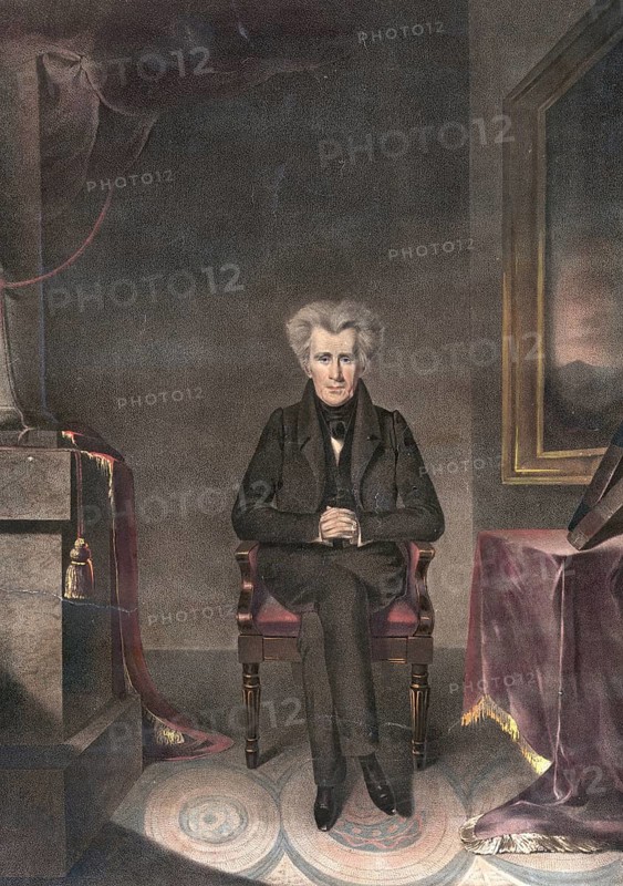 Andrew Jackson (born 15 March 1767 in the Waxhaws, died 8 June 1845 near Nashville, Tennessee) was an American politician and the seventh President of the United States from 1829 to 1837. Together with Martin Van Buren, he founded the Democratic Party of the USA, American history, authentic, digitally restored reproduction of a 19th-century original, exact date of the depiction unknown, historical