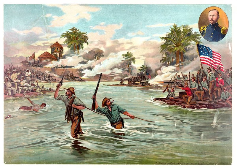 Colonel Frederick Funston with volunteers from the 20th Kansas Regiment crossing the river during the Battle of Calumpit in the Philippine-American War. The scene depicts the storming of the Pampanga River on April 26, 1899, during which American troops advanced under heavy enemy fire, authentic, digitally restored reproduction in high resolution from a 19th-century original, exact date of depiction unknown, American history, historical