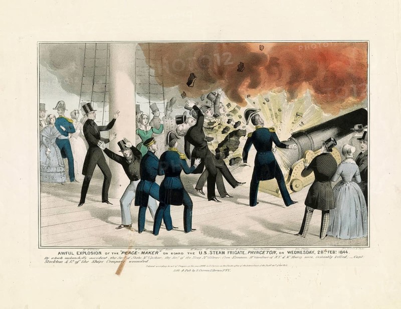 Lithograph by N. Currier from 1844 with the title Awful Explosion of the Peace-Maker on board the U.S. Steam Frigate, Princeton. The illustration shows the catastrophic explosion of the Peacemaker experimental naval ship gun aboard the USS Princeton on February 28, 1844. The accident on the Potomac River immediately killed US Secretary of State Abel P. Upshur and Secretary of the Navy Thomas Walker Gilmer, among others. The incident led to a severe political crisis in Washington, American history, authentic, digitally restored reproduction from a 19th-century original, exact date of depiction unknown, historical