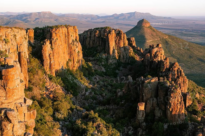 View of the Valley of Desolation at sunset, eroded rock needles from Dolorit, Camdeboo National Park, Graaff-Reinet, Eastern Cape, South Africa