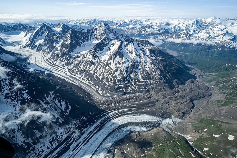 Snow and ice, epic mountains with glaciers, aerial view, Alaska Range, Denali National Park, Alaska, USA