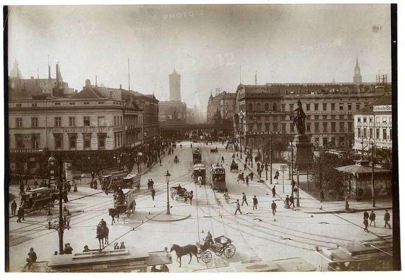 Berlin, Mitte, Alexander Platz, Berolina Standbil, railway station background, historic square with monument, buildings, people and traffic from the early 20th century, Oskar Sparke, around 1908