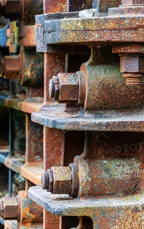 Detailed photo, massive, historic jaw crusher in Rüdersdorf Museum Park, machine for the industrial processing of limestone chunks weighing tons from the nearby open-cast mine, Brandenburg, Germany