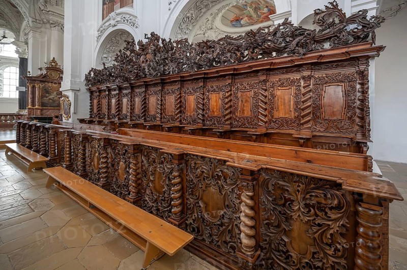 Choir stalls, end of the 17th century, in the Baumgartenberg Abbey and Parish Church, Gothic architecture, baroqued by Carlo Antonio Carlone from 1684 to 1718, Baumgartenberg, Upper Austria