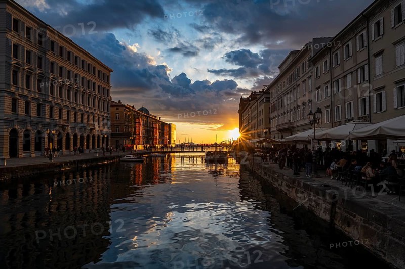 Grand Canal with restaurants, reflection in the canal, sunlight, evening light at sunset, dramatic clouds and atmospheric lighting, Borgo Teresiano, Trieste, Friuli-Venezia Giulia region, Italy