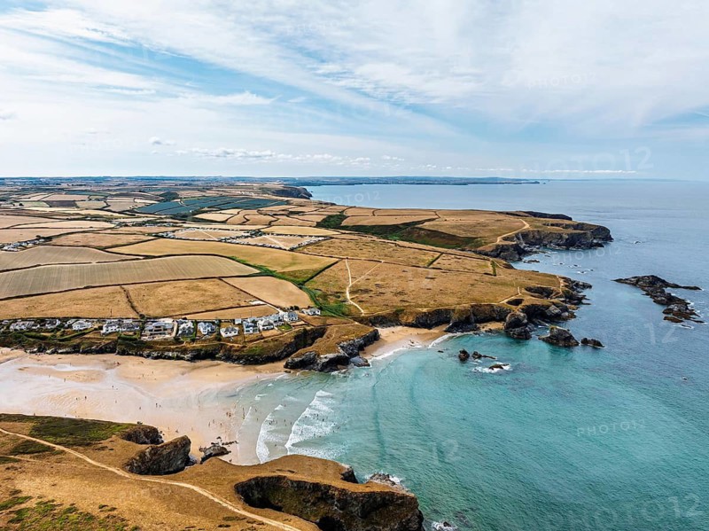 Farms and Fields over Cliffs and Porthcothan Bay from a drone, Porthcothan, Padstow, Cornwall, England, United Kingdom, Summer 2026