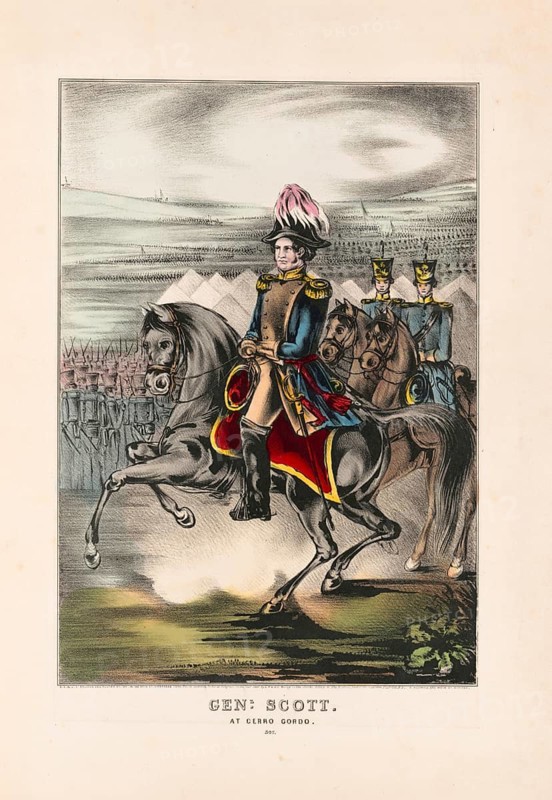 General Winfield Scott in military uniform with a distinctive plumed hat on horseback. The Battle of Cerro Gordo took place on April 18, 1847 and was an important victory for US forces under Scott on the advance to Mexico City, September 14, 1847, American history, authentic, digitally restored reproduction in high resolution from a 19th-century original, exact date of presentation unknown, historical