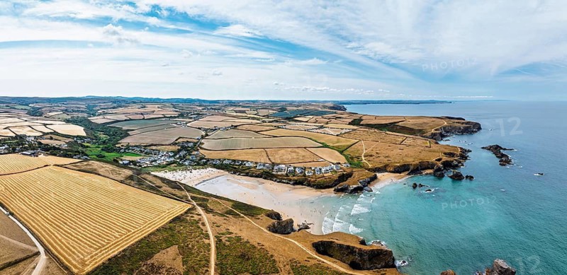 Farms and Fields over Cliffs and Porthcothan Bay from a drone, Porthcothan, Padstow, Cornwall, England, United Kingdom, Summer 2026