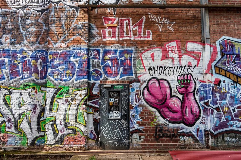 Kampnagel, factory, cultural center, renovation, planned, door, emergency exit, graffiti, theatre, colorful, Hamburg, Germany, wall, art, painting, urban, city, brick, street art, paint, painting, design, drawing, soiling