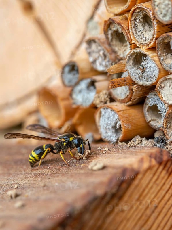 Large stem wasp, hymenoptera, clay wasp, wall clay wasp, Odynerus nidulator, Symmorphus murarius, wrinkle wasp, female, high size, portrait format, insects, female
