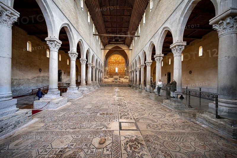 Basilica di Santa Maria Assunta, Basilica of Aquileia with historic floor mosaic in the main nave, UNESCO World Heritage Site, Aquileia, Friuli, Italy