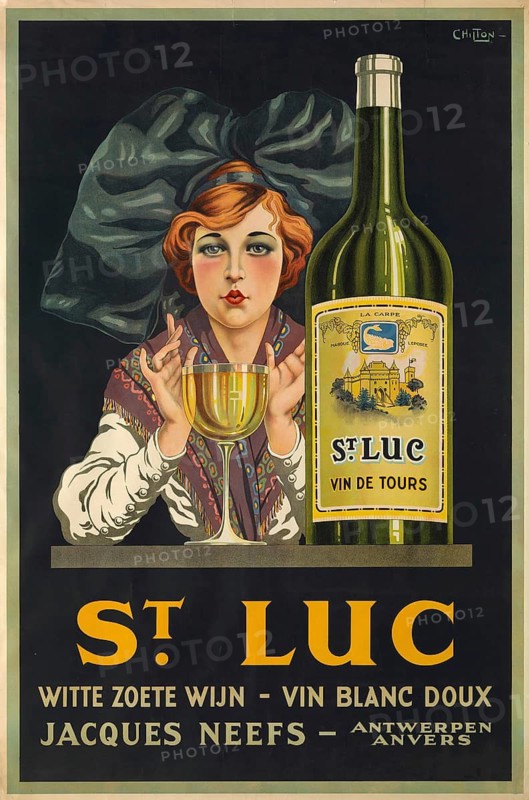 Advertising poster, beverage advertisement, advertising poster from the 1920s for the white wine St Luc. A woman in an eye-catching dark hat holding a glass of wine next to a large wine bottle, authentic reproduction of a historic advertising poster, advertising sign, in high resolution, historical