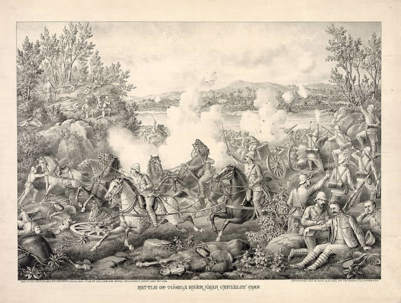 Battle of Tugela River, near Chieveley Camp, Battle of the Tugela River near Chieveley Camp, during the Second Boer War in South Africa. The scene illustrates British troops under General Sir Redvers Buller in December 1899 during the Siege of Ladysmith, authentic, digitally restored reproduction in high resolution from a 19th-century model, exact date of depiction unknown, American history, historical