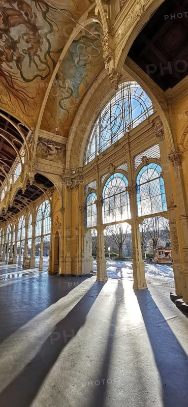 Elegant arcades with incoming sunlight casting long shadows on the ground, Marianske Lazne, Marianske Lazne, Czech Republic