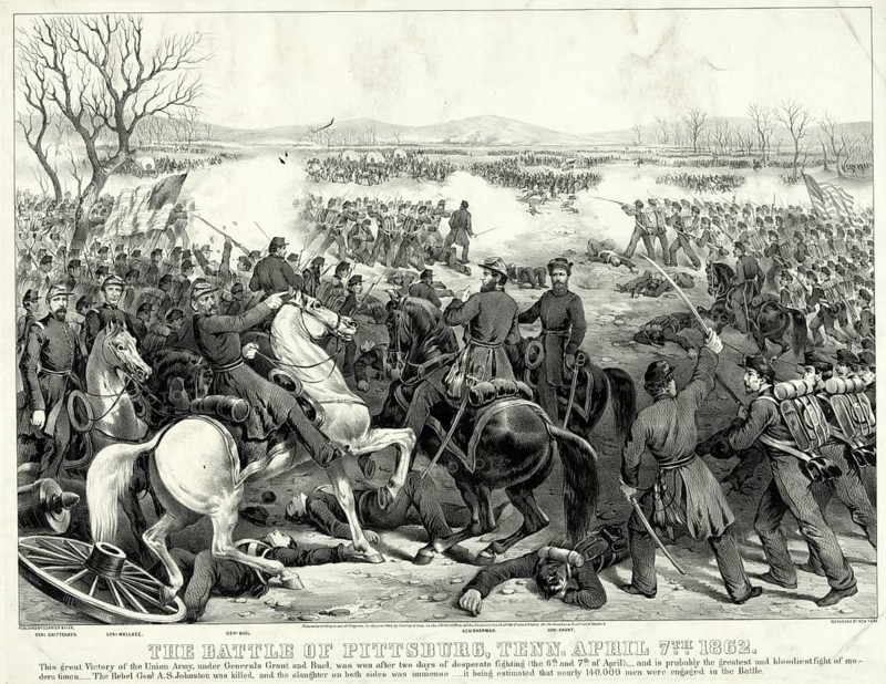 This lithograph depicts *The Battle of Pittsburg, Tenn, 7 April 1862*, known as the Battle of Shiloh or Pittsburg Landing, during the American Civil War. In the centre are Union generals, such as Ulysses S. Grant on horseback, as well as scenes of the fierce fighting. The Battle of Shiloh on 6 and 7 April 1862 in Tennessee. Conflict: the American Civil War (War of Secession) between the Northern and Southern states. Union generals (including Grant and Buell) during the Union troops' successful counter-attack, American history, authentic, digitally restored reproduction of a 19th-century original, exact date of the depiction unknown, historical