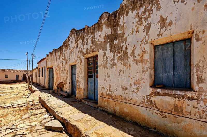 Old building with weathered façade, wooden door and window, in a dry environment, settlement and villages in the Caatinga of Pernambuco and Bahia in Brazil