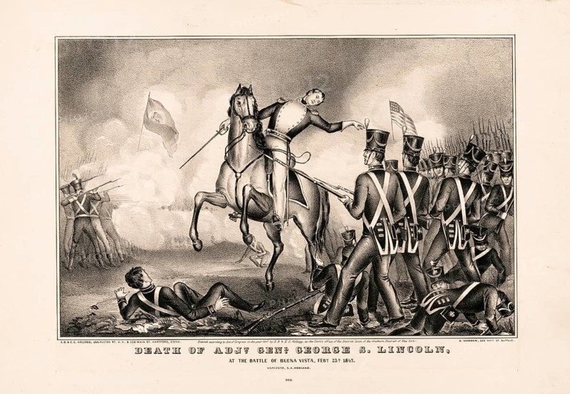 The scene depicts the death of American Captain George Lincoln in the Battle of Buena Vista, Battle of La Angostura, on February 23, 1847 during the Mexican-American War. In the center, you can see the fatally struck officer on a rearing horse. He is surrounded at the moment of the downfall by advancing US infantrymen in their characteristic stiff hats, shakos, American history, authentic, digitally restored reproduction in high resolution from a 19th-century original, exact date of depiction unknown, historical