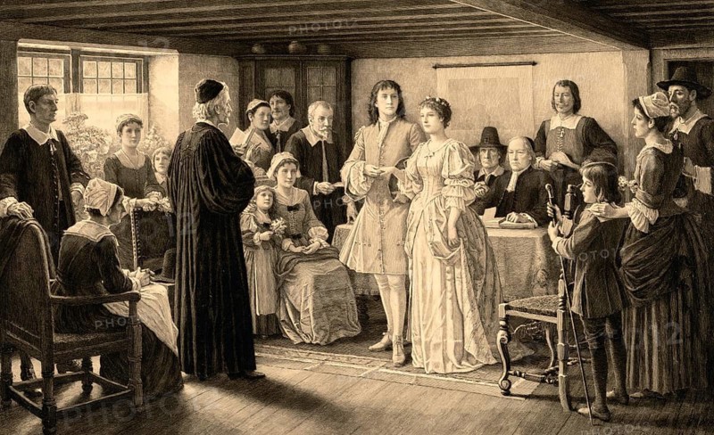 A Colonial Wedding. The Marriage of Dr. Francis Le Baron and Mary Wilder, Plymouth, 1695. Marriage of the French doctor Dr. Francis Le Baron with Mary Wilder in 1695 in the puritan colony of Plymouth. The clothing and strict interior design reflect the typical puritanical environment of the late 17th century in New England, authentic, digitally restored reproduction from a 19th-century model, exact date of depiction unknown, historical